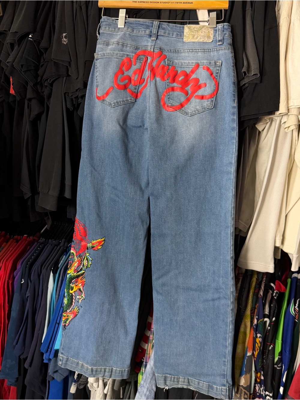 Ed Hardy Dragon Jeans Womens 26 Light Wash Blue Baggy Wide Leg Y2K Skater Grunge